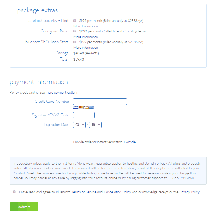 entering your payment information on bluehost